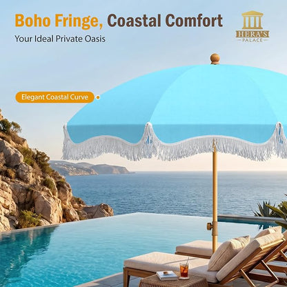 HERA'S PALACE 7 ft Heavy Duty Beach Umbrella with Sand Anchor, Fringe Umbrella for Sand, UV 50+, Patio Umbrella with Tilt Pole for Garden Pool Backyard