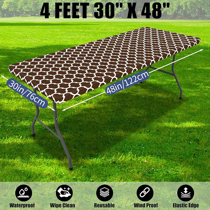 Smiry 2 Pack Rectangle Table Cloth 4 Foot, Waterproof Elastic Fitted Tablecloths, Windproof Washable Polyester Table Cover for Picnic, Camping, Outdoor (Coffee, 30"x48")