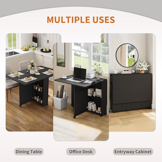 Garvee Folding Dining Table with Storage, Folding Kitchen Table with 6 Wheels, Drawer & Shelves, Compact Dining Table for Small Spaces