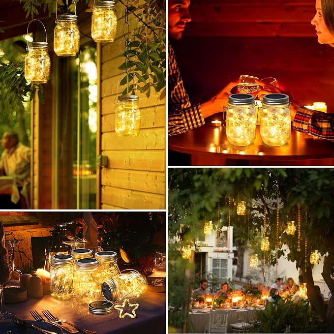 Mason Jar Solar Lights -30 LED, 6 Pack Hanging Lantern, Warm White | Waterproof, Solar Powered Fairy Lights for Indoor Outdoor Garden Patio Pathway Backyard Decor