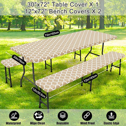 Smiry Picnic Table Cover with Bench Covers, Waterproof Elastic Fitted Tablecloth for 6 Foot Tables, Washable Polyester Tablecloths for Camping, Indoor & Outdoor (Khaki, 30x72 Inch 3-pc Set)