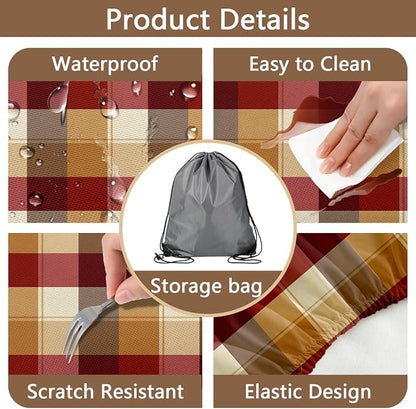 Checkered Style Picnic Table Cover with Bench Covers, Camping Essentials, Plaid Waterproof Windproof, Fitted Tablecloth Cover with Elastic Edge, for Indoor, Outdoor, 3 PCS, 30x72 Inch