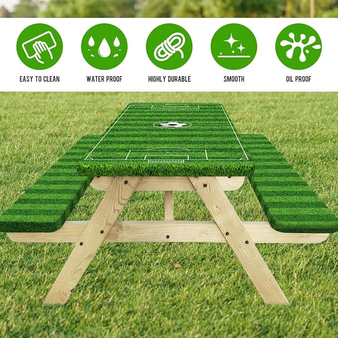 Picnic Table Cover with Bench Covers Elastic Edges, Green Soccer Theme Table Cover, Waterproof Windproof Fitted, for Outdoor Sports Parties Kids Gatherings Patio Garden, Drawstring Bag, 60 Inch 3PCS