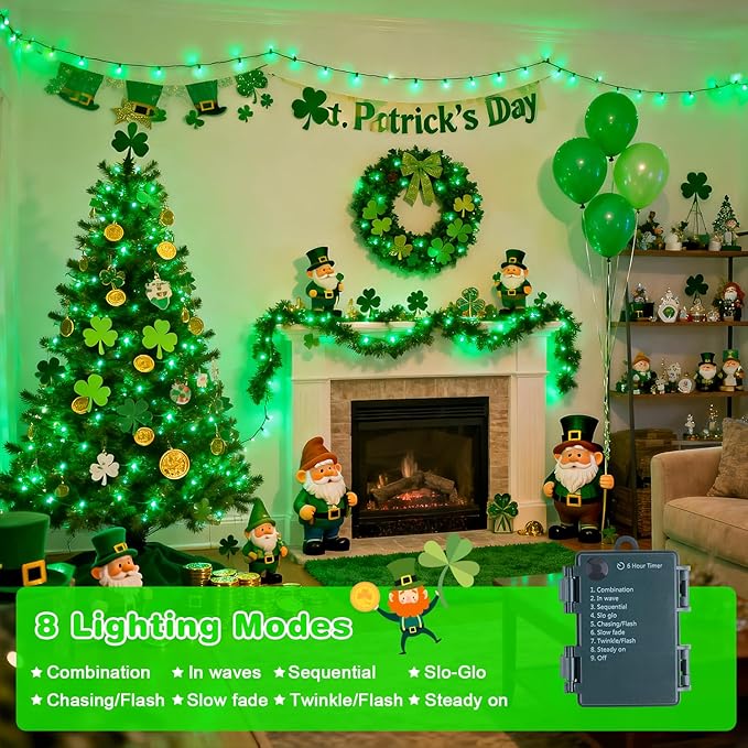 4 Pack St Patricks Day Lights Battery Operated, 50 LEDs 16.5ft Green String Lights Outdoor Waterproof, Green Wire Battery Powered Twinkle Lights for Tree Wreath Christmas St Patricks Day Decorations