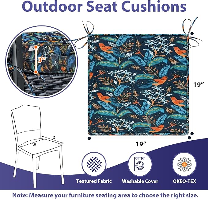 IPYNBAP Outdoor Chair Cushions Set of 4 -Waterproof Outdoor Seat Cushions for Patio Furniture, Patio Chair Cushion with Handle and Ties, Out Door Chair Pads,19x19x3-Square, Black Nightingale