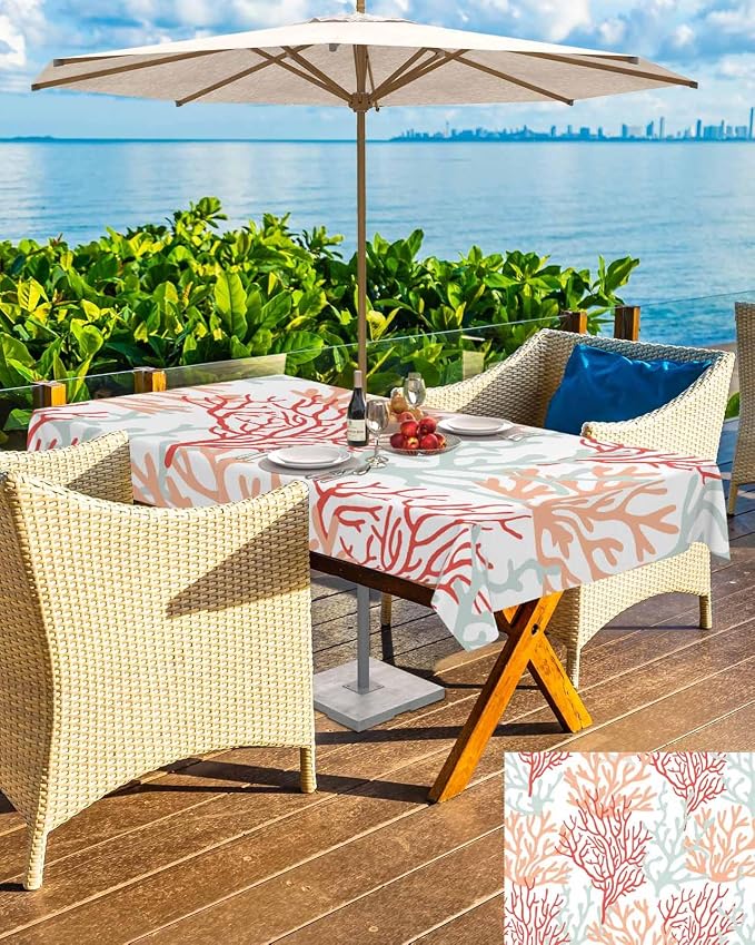 Red Orange Grey Coral Coastal Outdoor Tablecloth - 52x70 Inch Rectangle Waterproof Dining Table Cover, Summer Beach Sea Nautical Outdoor Table Cloth with Umbrella Hole & Zipper for Patio