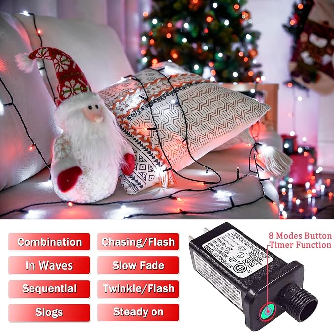 JMEXSUSS 200 LED Red and White Christmas Lights, 66ft String Lights Plug in | Connectable, 8 Modes, Green Wire Twinkle Christmas Lights for Tree Bedroom Mantel Fireplace Porch Yard Indoor Outdoor Decor