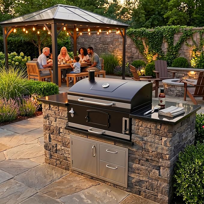 Built In Grill, 29-Inch Oversize Cooking Area Charcoal Grill, Electric rotating grill fork and Height-adjustable Charcoal Trays Outdoor Kitchen,Perfect for Outdoor Patio (Charcoal barbecue grill kit)