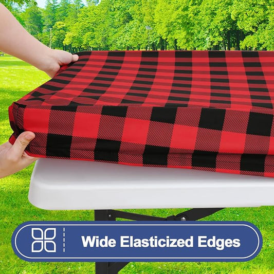 Smiry Picnic Table Cloth 2 Pack, Waterproof Elastic Fitted Tablecloths for 6FT Rectangle Tables, Washable Polyester Buffalo Plaid Tablecloth for Camping, Dining & Christmas(Black & Red, 30" x 72")