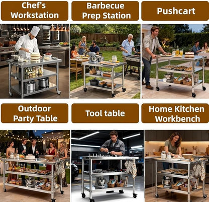 Stainless Steel Prep and Work Table with Wheels, Multi-Size Heavy-Duty Metal Commercial Kitchen Commercial Workbench,Suitable for Restaurants, Homes,Outdoor and Hotels (24" Lx24 Wx34 H)