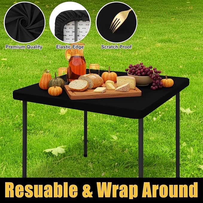 Smiry Square Picnic Table Cloth, Waterproof Elastic Fitted Tablecloths for 3 Foot Tables, Washable Polyester Table Cover for Camping, Indoor and Outdoor (Black, 24"x24")