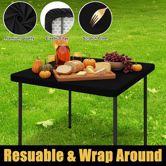 Smiry Rectangle Tablecloth, Elastic Fitted Flannel Backed Vinyl Tablecloths for 3ft Folding Tables, Waterproof Wipeable Table Covers for Indoor, Outdoor, Camping and Picnic (Black, 34"x34")