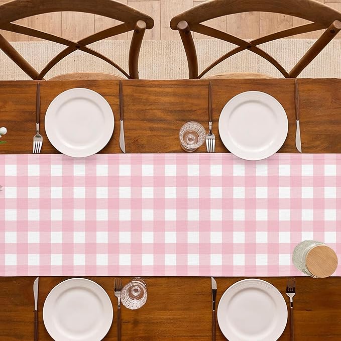 Pink Gingham Party Supplies Light Pink and White Checkered Table Runner Easter Baby Shower BBQ Picnic Home Kitchen Island Decor (Pink, 13" x 108")