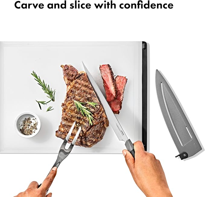 OXO Good Grips 8 in Chef’s Knife with Locking Sheath, Sharp Stainless Steel Kitchen Knife for Chopping, Dicing, and Mincing Herbs and Meat, Cooking Essential with Protective Cover