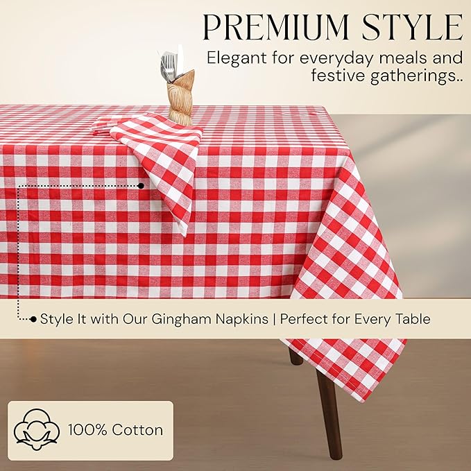 Gingham Buffalo Check 60"x84" Tablecloth 100% Cotton Washable Rustic Rectangle Table Cover Decorative for Gifts, Dining, BBQ, Buffet Parties & Camping - Red
