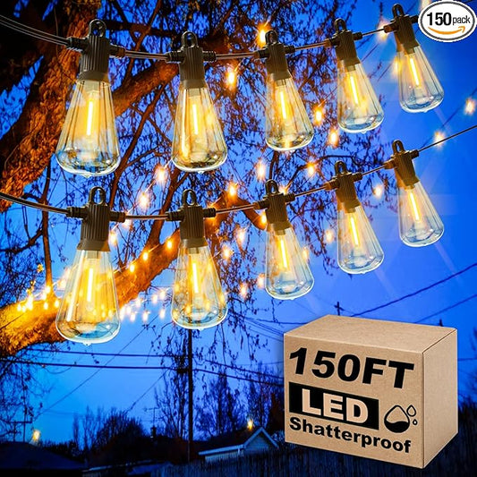 Zuske Outdoor String Lights, 150FT LED Patio Lights with 72+3 ST38 Vintage Edison Shatterproof Bulbs, Waterproof Connectable Dimmable Outside Hanging Lights for Backyard Bistro Porch Gazebo(75FTx2)
