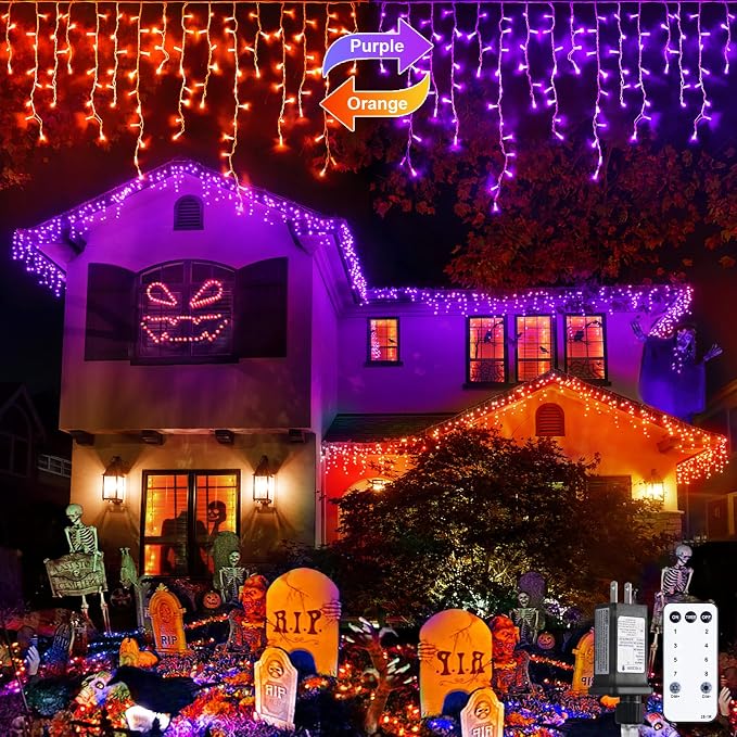 JMEXSUSS 400 LED Color Changing Halloween Lights Outdoor | 38.8ft Orange to Purple Halloween Icicle Lights with Remote, Waterproof String Light Plug in for Outdoor Indoor Party Decor