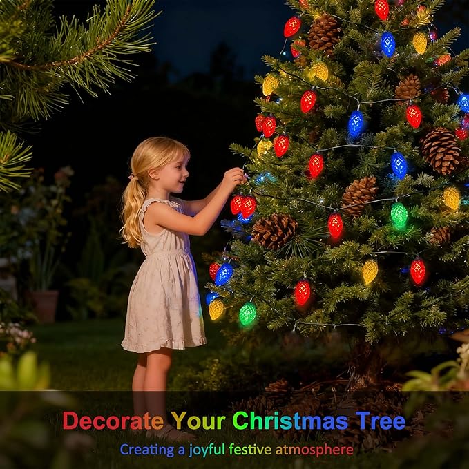 C7 Strawberry Solar String Lights, 31FT 50 LED Ultra Bright Multicolor IP65 Waterproof 8 Modes Green Wire Fairy Lights Auto On/Off for Outdoor Garden Patio Christmas Wedding Party Decor