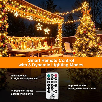 Outdoor String Lights 197ft 1000 LED Warm White Silver Copper Wire Fairy Lights with Remote Listed Plug-in Christmas Lights 8 Modes Low Voltage Twinkle Lights for Garden Patio Yard Tree Wedding Party