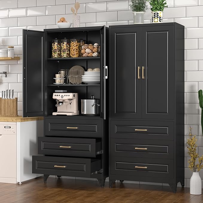 Polup Kitchen Pantry Cabinet, 75" Tall Pantry Cabinet with Three Drawers, Metal Storage Cabinets with Doors and Shelves, Freestanding Food Cupboard for Dining, Living Room, Black, Assembly Required