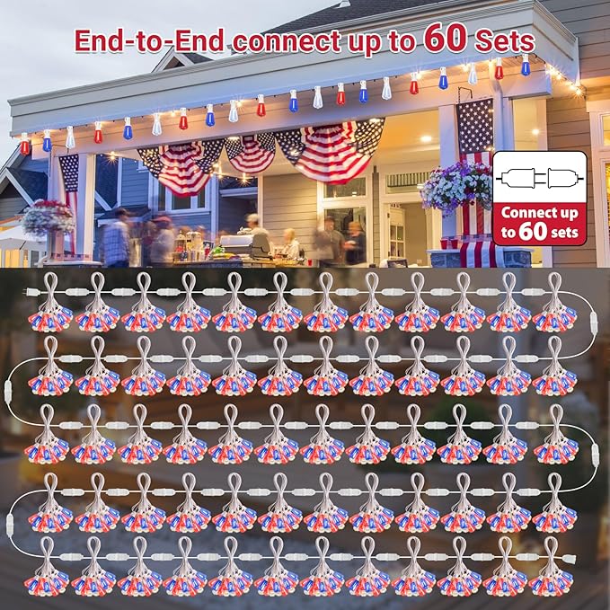 LAMPHOME 26Ft ST38 Red White Blue LED String Lights, Patriotic Red White and Blue Lights Outdoor Shatterproof Patio Lights, 12+1 Edison Bulbs 4th of July Lights for Independence Day Decor