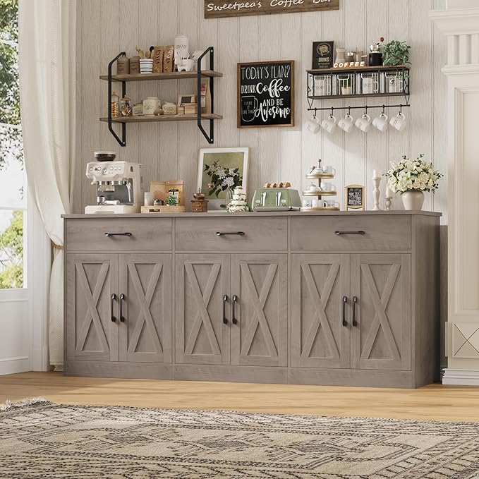 HOSTACK 71" Large Sideboard Buffet Cabinet with Storage, Farmhouse Coffee Bar Cabinet with 3 Drawers, Long Kitchen Buffet Table, Kitchen Sideboard Storage Cabinet for Dining Room, Living Room, Grey