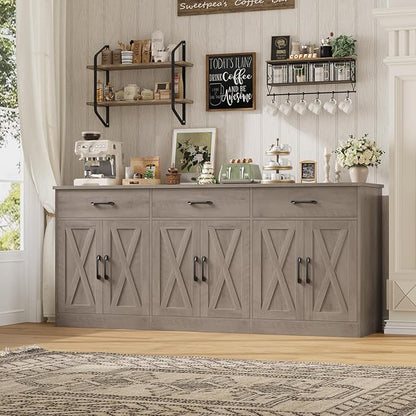 HOSTACK 71" Large Sideboard Buffet Cabinet with Storage, Farmhouse Coffee Bar Cabinet with 3 Drawers, Long Kitchen Buffet Table, Kitchen Sideboard Storage Cabinet for Dining Room, Living Room, Grey