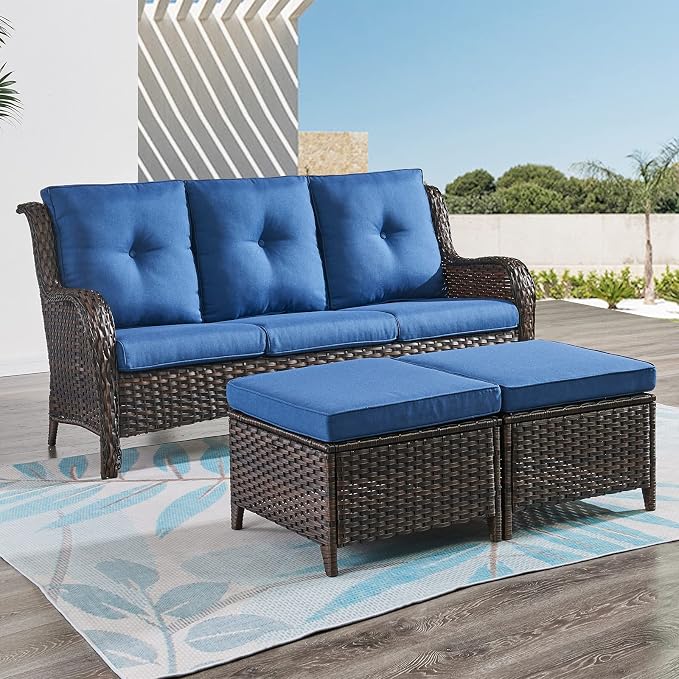 Rilyson Wicker Outdoor Patio Sofa with Ottoman, Large 3 Seater Wicker Patio Couch with 4in Replaceable Seat Cushions and Deep Seating, All Weather for Backyard, Garden, Poolside (Brown/Blue)