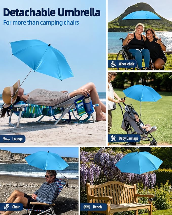 HaSteeL 2PCS Camping Chairs with Detachable Umbrella, Folding Beach Chair for Adults, Large Portable Foldable Chair for Outdoors Fishing Hiking Travel Picnic Lawn, Supports 275lbs, Storage Bags, Blue