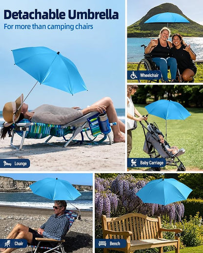 HaSteeL 2PCS Camping Chairs with Detachable Umbrella, Folding Beach Chair for Adults, Large Portable Foldable Chair for Outdoors Fishing Hiking Travel Picnic Lawn, Supports 275lbs, Storage Bags, Blue