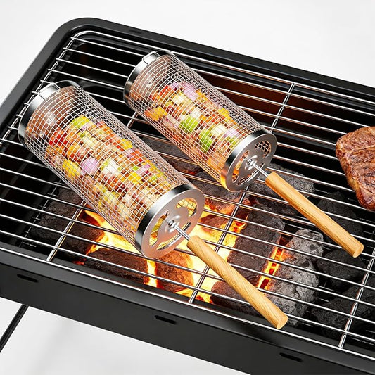 Rolling Grill Basket with Removable Wooden Handle, 2 Pack 304 Stainless Steel BBQ Grilling Net for Vegetables Shrimp Fish, Portable Camping Grill Accessories, Best Gifts for Dad Men