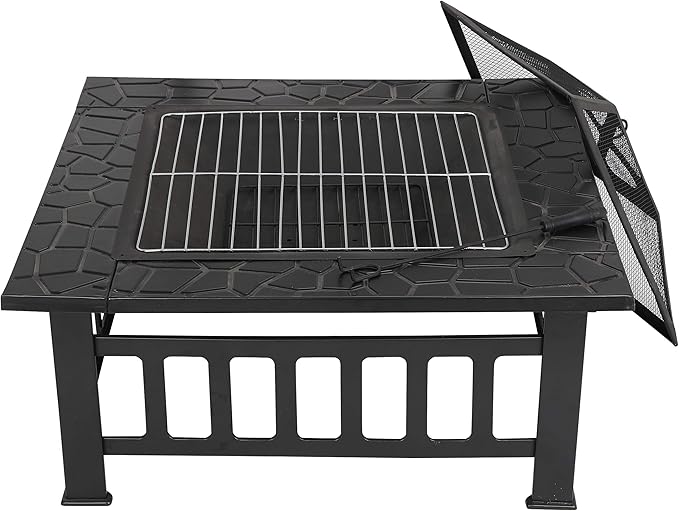 HomGarden 32" Fire Pit Outdoor Patio Square Metal Heater Deck Firepit Backyard Garden Home Stove Burning Fireplace w/Spark Screen,Poker,Cover,Grill
