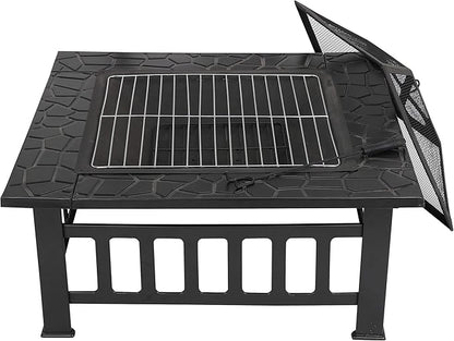 HomGarden 32" Fire Pit Outdoor Patio Square Metal Heater Deck Firepit Backyard Garden Home Stove Burning Fireplace w/Spark Screen,Poker,Cover,Grill