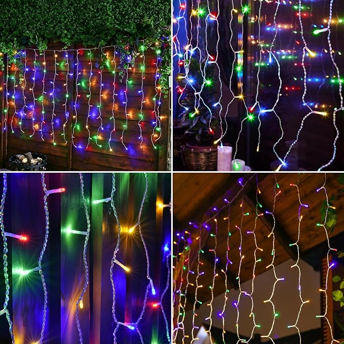 kemooie 400 LED Outdoor Curtain Lights, 26.2FT x 3.3FT Connectable 8 Lighting Modes for Christmas Decorations Bedroom Wall Party Garden Decorations (Multicolor)