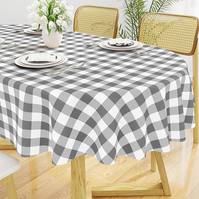 Smiry Oval Table Cloth, Vinyl Tablecloths with Flannel Backing, 60"x84" | Waterproof Picnic Table Cloth, Wipeable Buffalo Plaid Table Cover for Indoor and Outdoor (Grey & White)