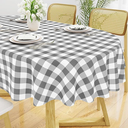 Smiry Oval Table Cloth, Vinyl Tablecloths with Flannel Backing, 60"x84" | Waterproof Picnic Table Cloth, Wipeable Buffalo Plaid Table Cover for Indoor and Outdoor (Grey & White)