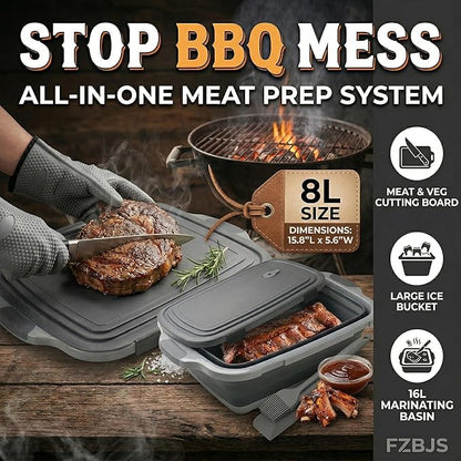 Collapsible BBQ Prep Tub with Lid & Cutting Board 8L - Meat Marinating Basin & Grill Carry System - 5pc Set with Heat Resistant Gloves, Basting Brush & Spatula(Orange, Large, 8L)