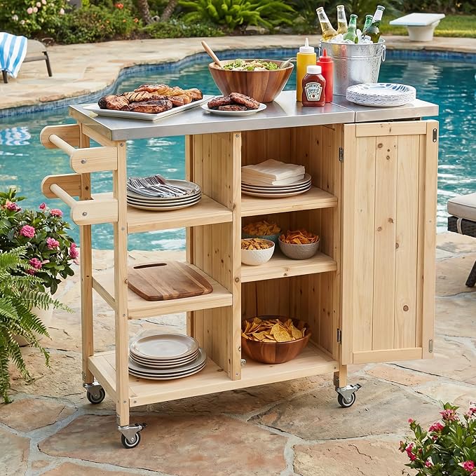 JIVOIT Outdoor Kitchen Island with Foldable Stainless Steel Tabletop, Patio Fir Wood Kitchen Cart Portable Prep Station with Lockable Wheels, Storage Cabinet and Towel Rack (Natural/123)