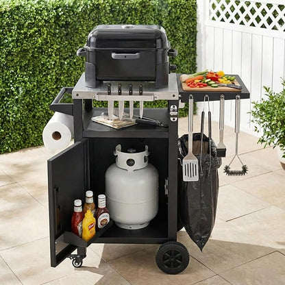 Outdoor Kitchen Island and Grill Cart with Stainless Steel Top, 33.9" Mobile BBQ Prep Table with Drop Leaf, Storage Cabinet, Spice & Paper Towel Rack, Rolling Pizza Oven Stand for Patio