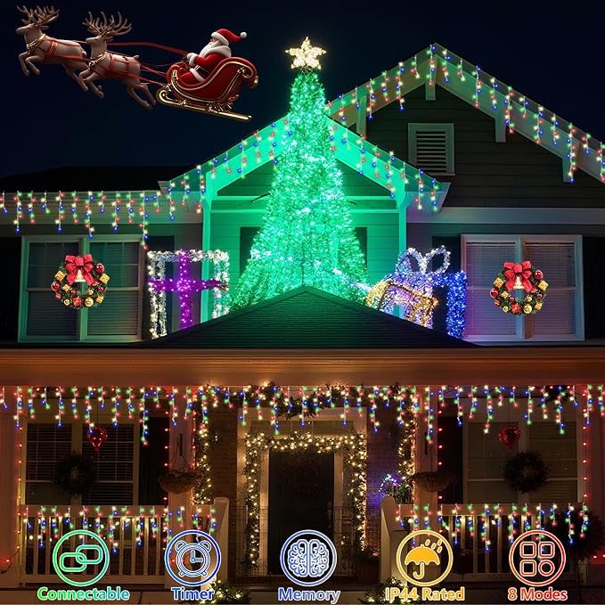 QITONG Multicolor Icicle Lights for Outside, 66ft 800 LED String Lights Indoor, Clear Wire Connectable Icicle Christmas Lights Plug in with 8 Modes