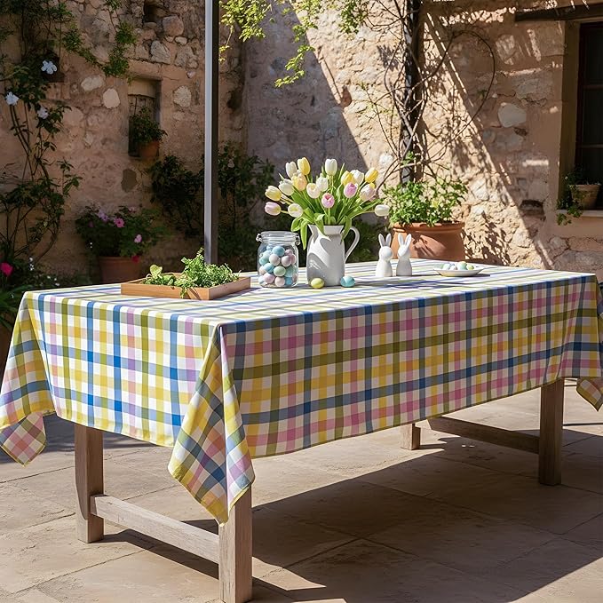 Easter Waterproof Polyester Tablecloth, Pastel Checkered Fabric Table Cover for Spring Party, Kitchen Dining Decor, Easy Care Cloth Tablecloth for Indoor Outdoor Use, W60 x L102 in