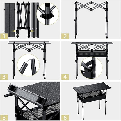 Anbte 3ft Aluminum Roll Top Camping Table Max 27.5", 2 Adjustable Height Folding Camping Table Waterproof with Storage Net and Bag for BBQ Picnic Tailgating Backyard RV Travel, 32.2” x 16”, Pure Black