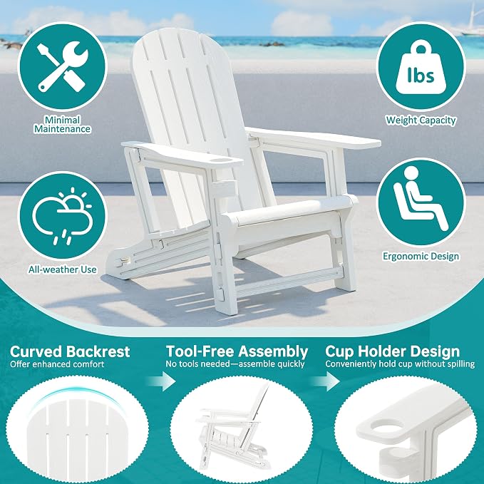 Shintenchi Adirondack Chairs Set of 2,HDPE Adirondack Chairs w/Removable Tablelop & Umbrella Hole,All-Weather Wooden Textured Plastic Outdoor Chairs w/Cup Holders for Garden Backyard Pool,White