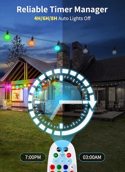 Brightown Outdoor String Lights 29 Feet G40 LED Patio Lights, 13 Plastic Edison Bulbs(1 Spare), Remote, Timer, Waterproof Connectable Hanging Light for Backyard Porch Balcony Party Decor, Multicolor