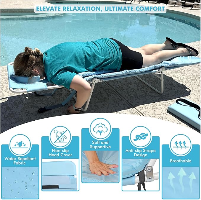 3 in 1 Women Comfort Backpack Beach Tanning Lounge Chair with Cushion Face Hole Softer Padded Adjustable Washable, Layout Sun Chair for Adults Outside Reading Sunbathing Poolside, 6 Position, 2 Pack