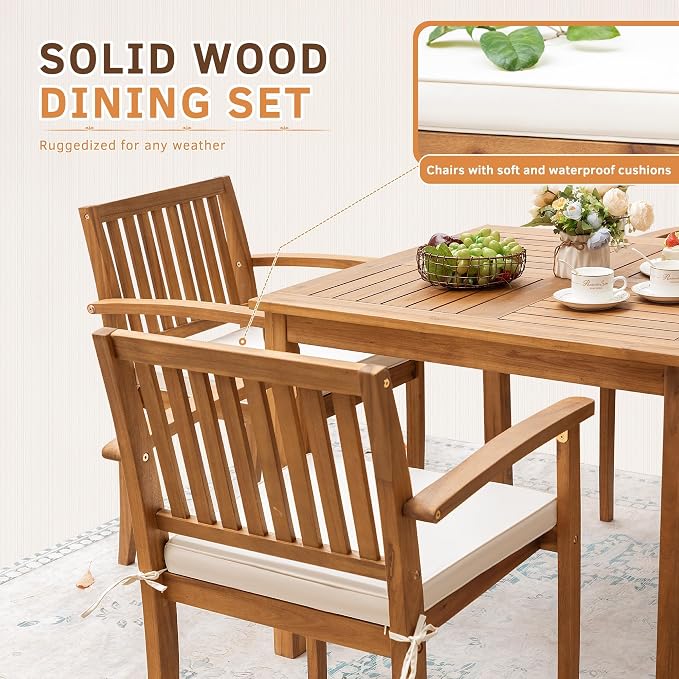 Greesum 5 Piece Patio Dining Set Outdoor Solid Wood Furniture w/Square Tabletop & 4 Chairs for Yard, Garden, Porch, White