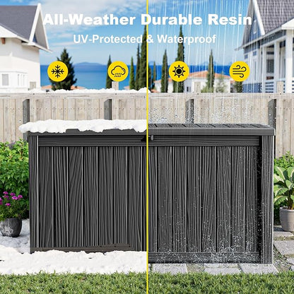 200 Gallon Outdoor Storage Box Waterproof, Resin Lockable Deck Box with Lid, Large Capacity Weatherproof Container for Patio Furniture Pool Accessories, Side Table(Black, 200 Gallon)