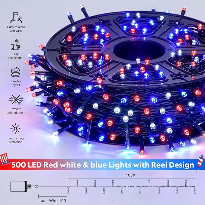 JMEXSUSS 500 LED Red White and Blue Lights 4th of July Decorations Plug in | 173ft 8 Modes 4th of July Lights Outdoor, Waterproof Patriotic String Lights for Memorial Day Independence Day Decor