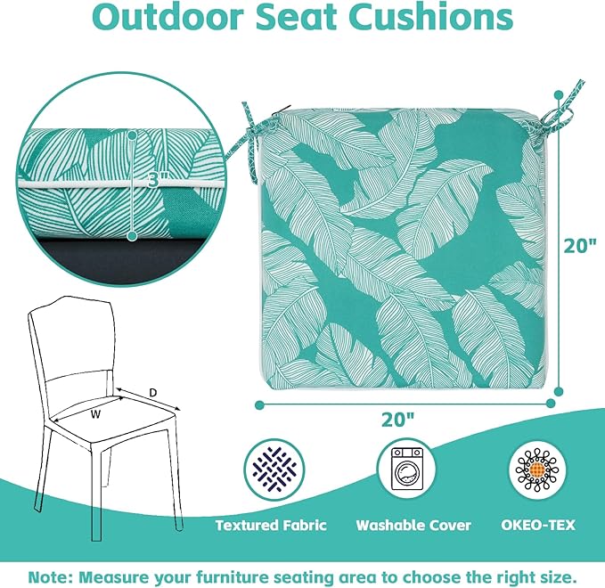 COZYVIDA Outdoor Chair Cushions Set of 4, 20"x20" Square Seat Pads with Tie Straps and YKK Zippers, 30D High-Density Foam, Water-Resistant Fabric,UV-Resistant 1000+ Hrs