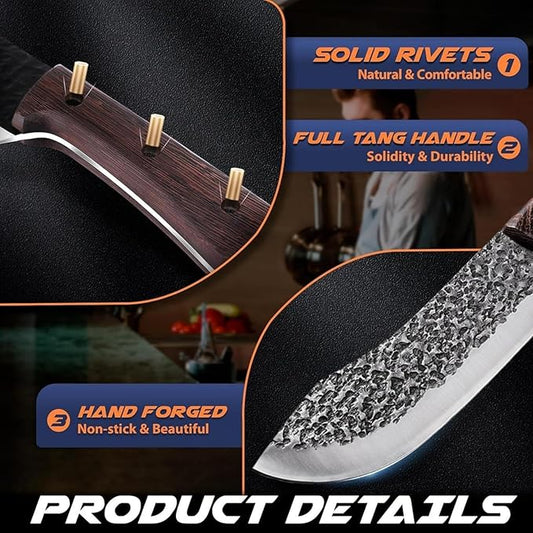 Butcher Cleaver Knife Set, 2 PCS Razor Sharp Chef Knife Japanese HC Stainless Steel and Viking Knife with Leather Sheath, Chopper Butcher Meat Knife for Home Cooking Outdoor BBQ Camping Gift Idea